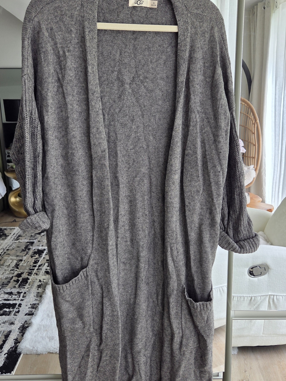 UGG Women's Long Open-Front Gray Knit Cardigan with Pockets